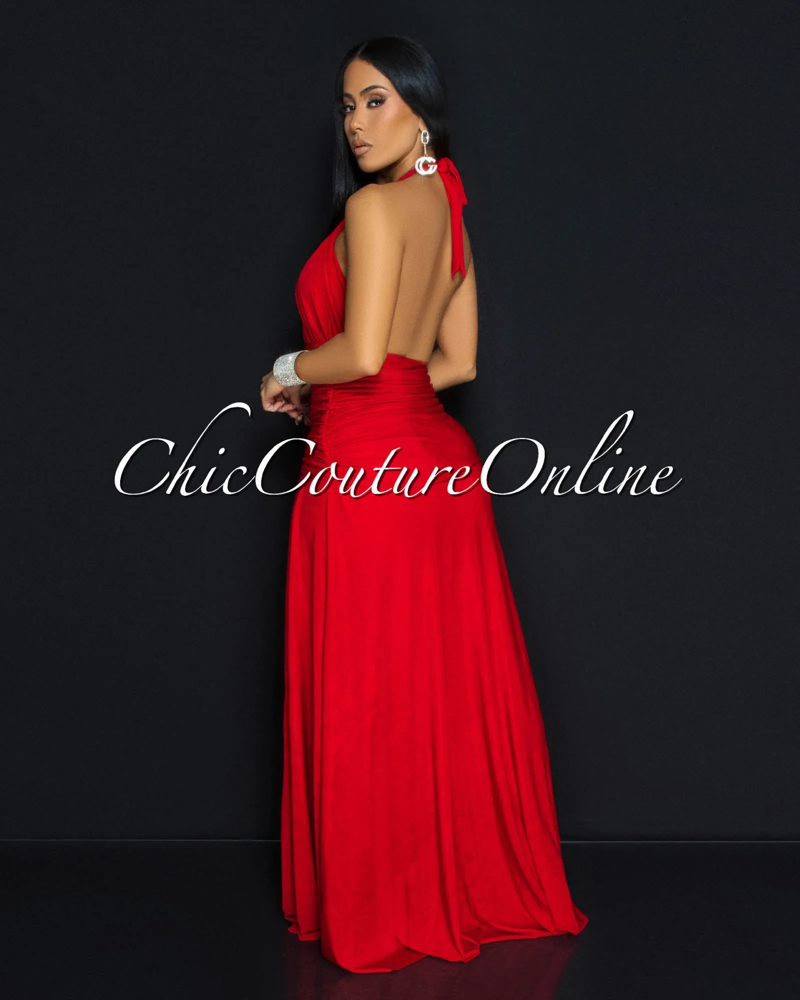 Marseille Red Jersey Front Slit Maxi Dress sold by Chic Couture product image thumbnail 3