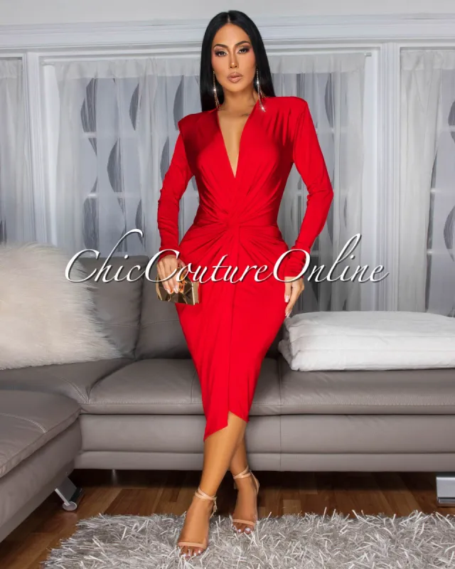 Milady Red Ruched Design Midi Dress sold by Chic Couture