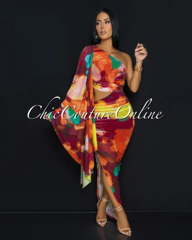 Assante Rust Multi-Color Mesh Single Sleeve Dress sold by Chic Couture