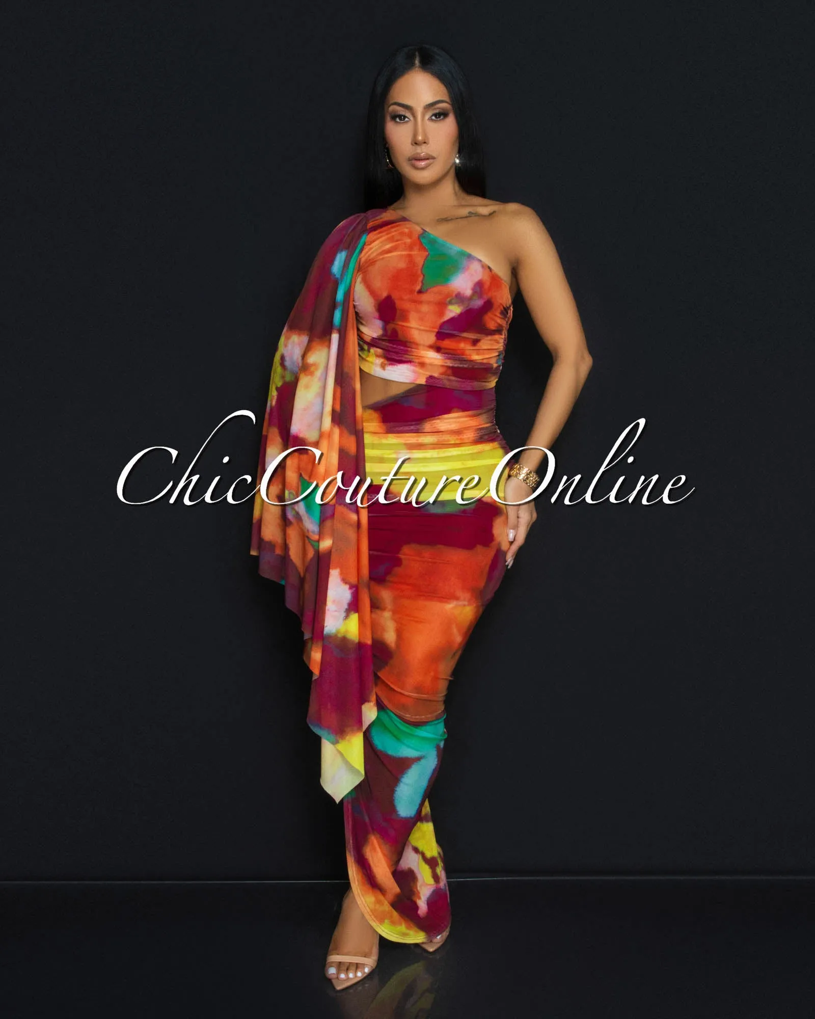 Assante Rust Multi-Color Mesh Single Sleeve Dress sold by Chic Couture product image thumbnail 3