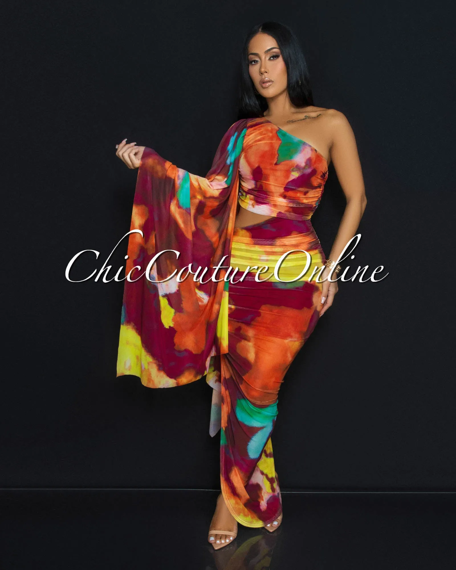 Assante Rust Multi-Color Mesh Single Sleeve Dress sold by Chic Couture product image thumbnail 2