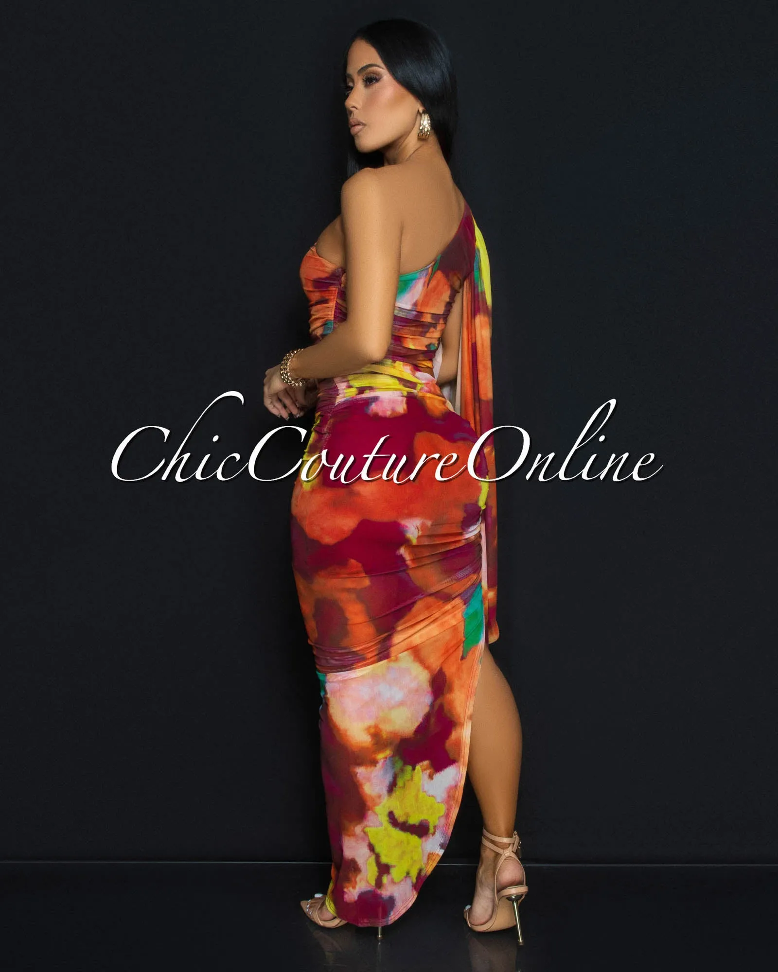 Assante Rust Multi-Color Mesh Single Sleeve Dress sold by Chic Couture product image thumbnail 4