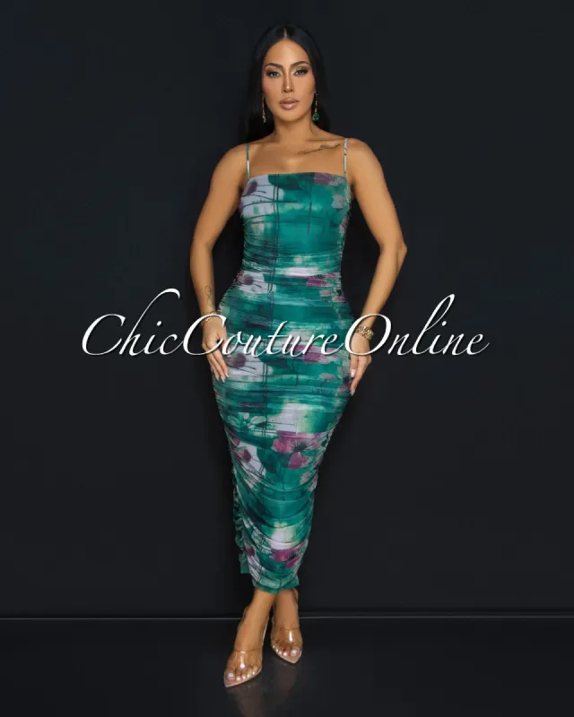 Skylar Green Multi-Color Print Ruched Midi Dress sold by Chic Couture