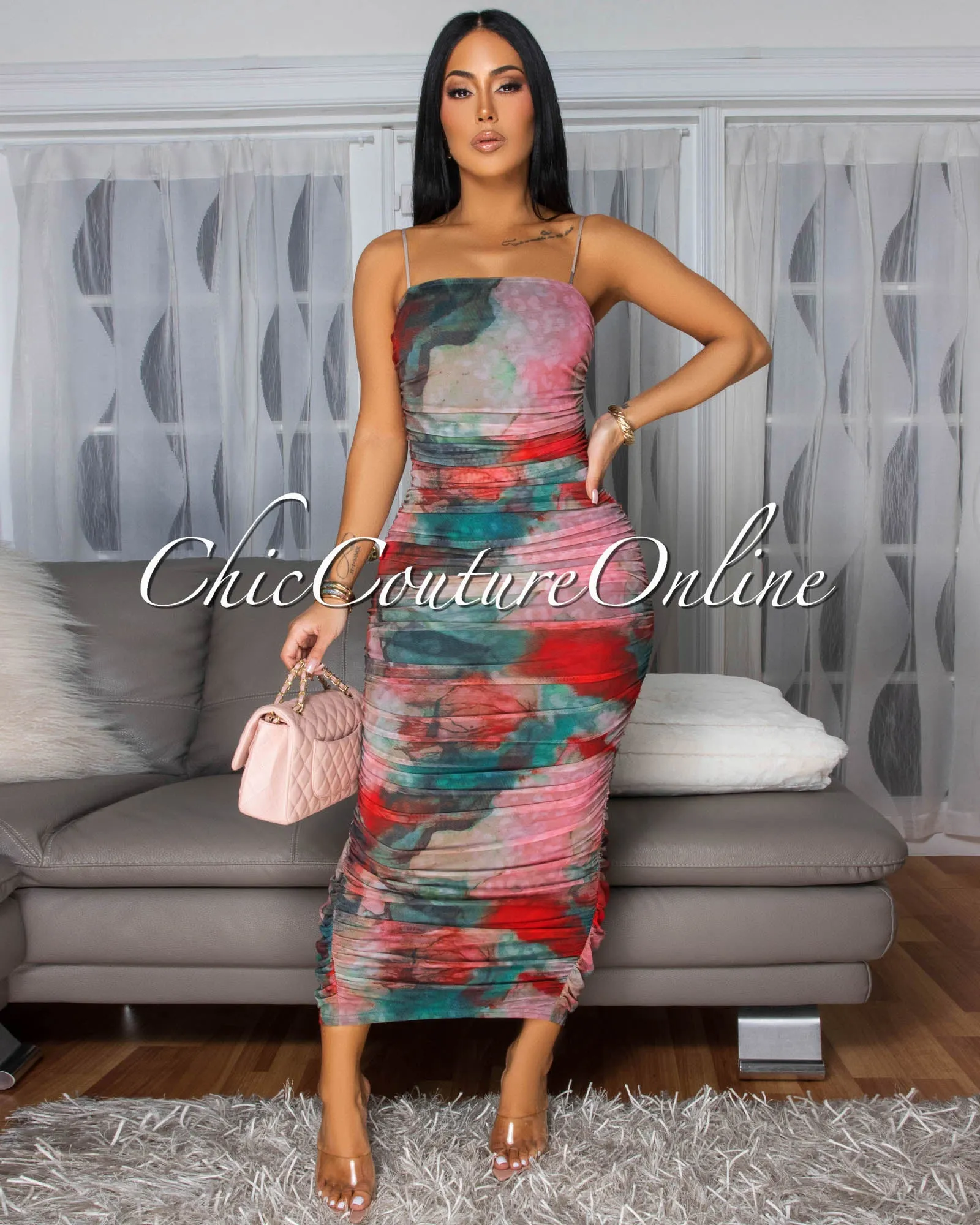 Murielle Rose Multi-Color Print Ruched Midi Dress sold by Chic Couture product image thumbnail 2