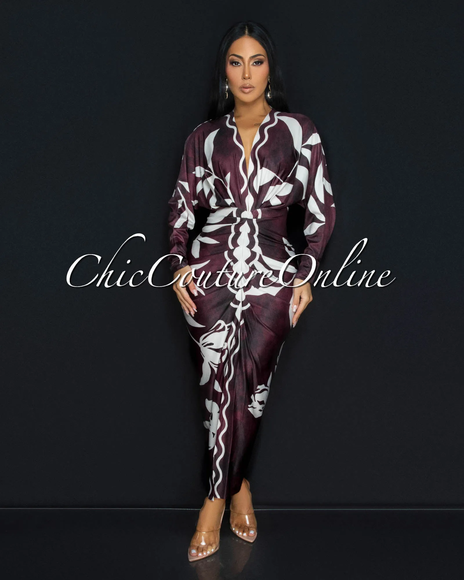 Maluma Maroon Cream Print Midi Dress sold by Chic Couture