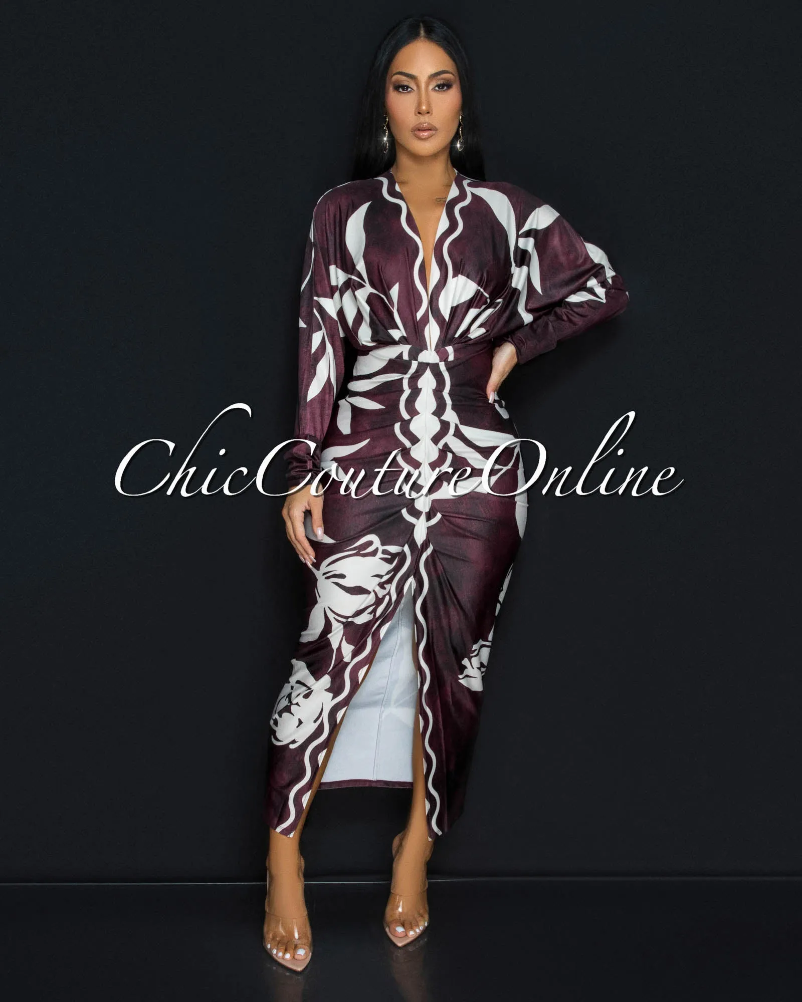 Maluma Maroon Cream Print Midi Dress sold by Chic Couture product image thumbnail 2