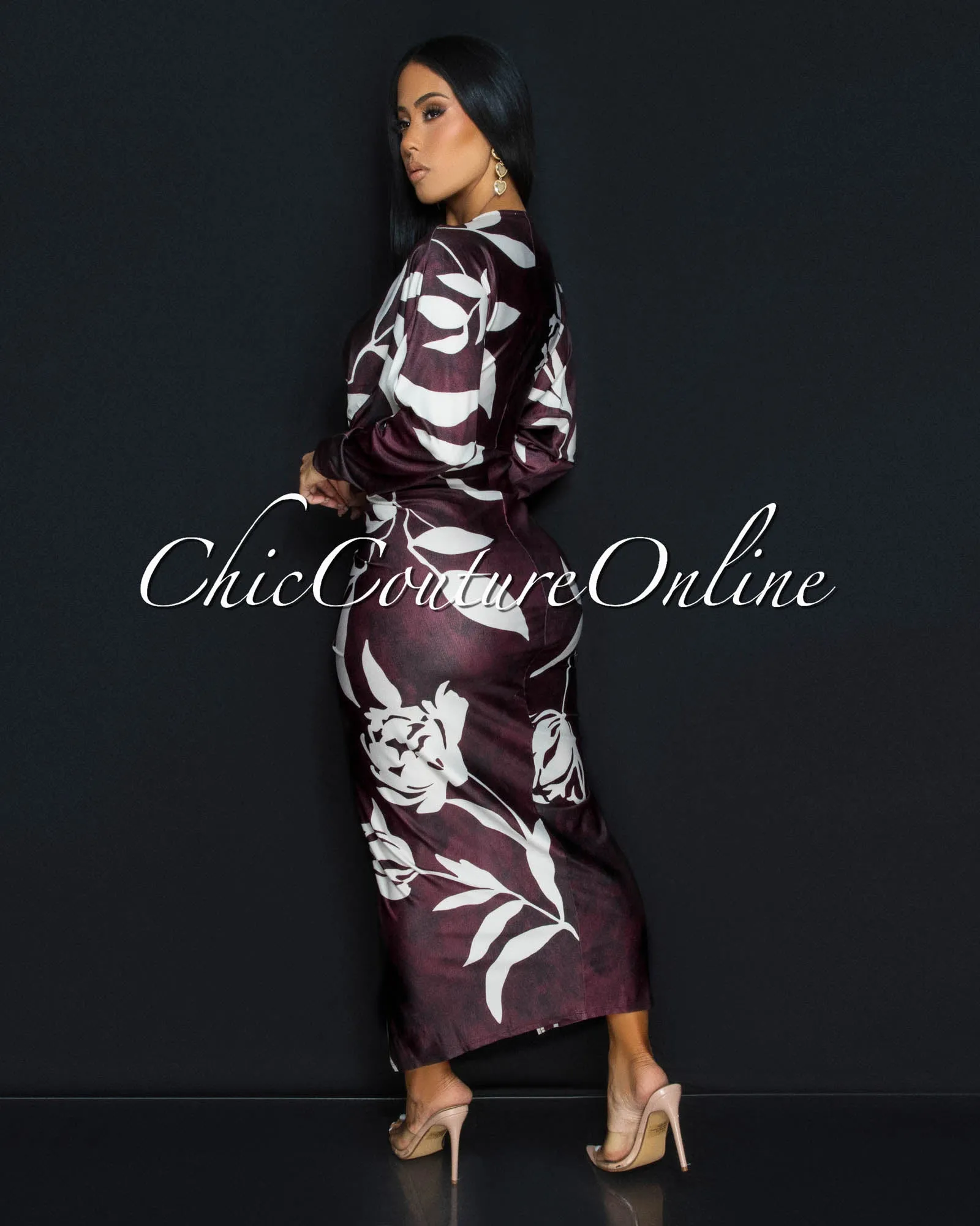 Maluma Maroon Cream Print Midi Dress sold by Chic Couture product image thumbnail 3