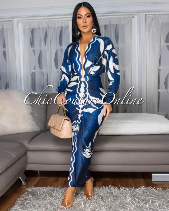 Maluma Blue Cream Print Midi Dress sold by Chic Couture