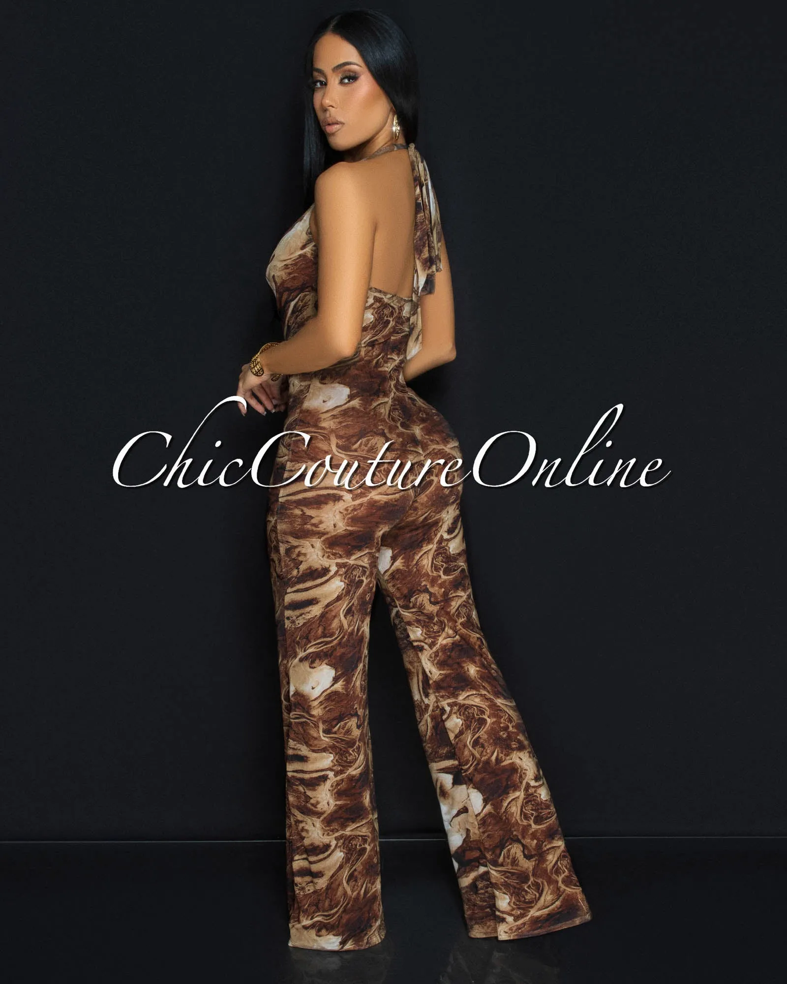 Juvie Chocolate Brown Mesh Halter Wide Legs Jumpsuit sold by Chic Couture product image thumbnail 3