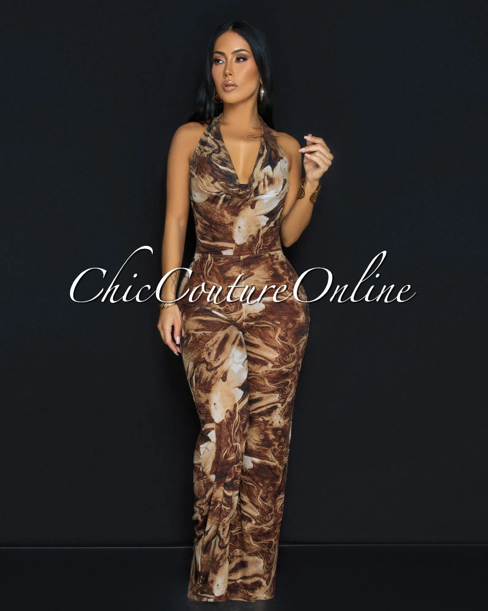 Juvie Chocolate Brown Mesh Halter Wide Legs Jumpsuit sold by Chic Couture product image thumbnail 2