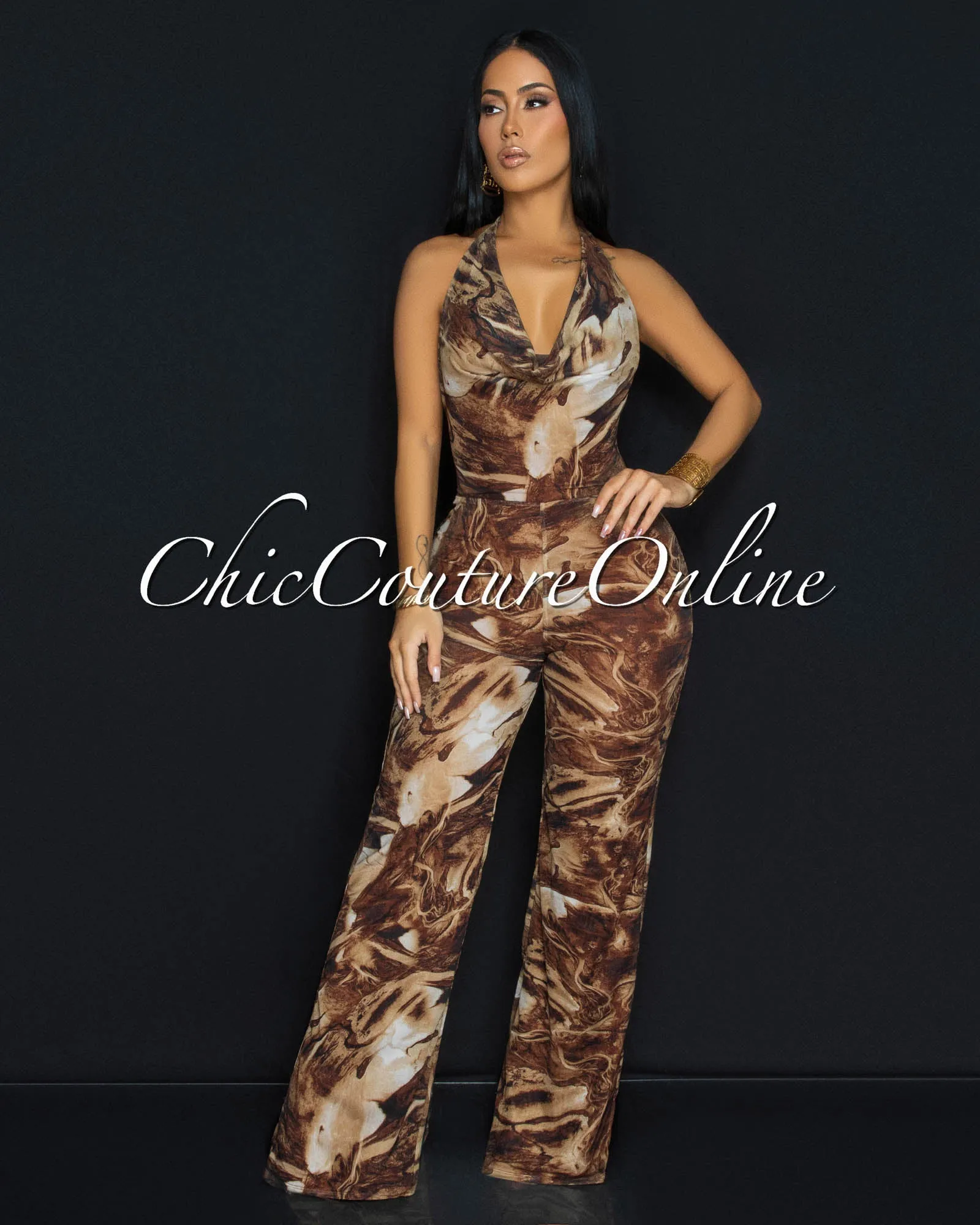Juvie Chocolate Brown Mesh Halter Wide Legs Jumpsuit sold by Chic Couture