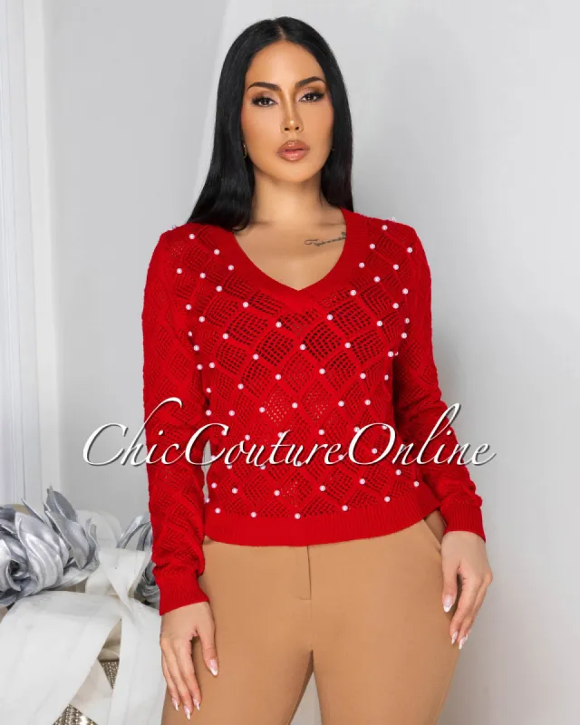Melona Red Pearl Accent See-Thru Sweater sold by Chic Couture