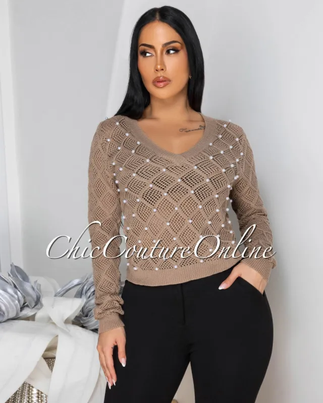 Melona Toffee Pearl Accent See-Thru Sweater sold by Chic Couture