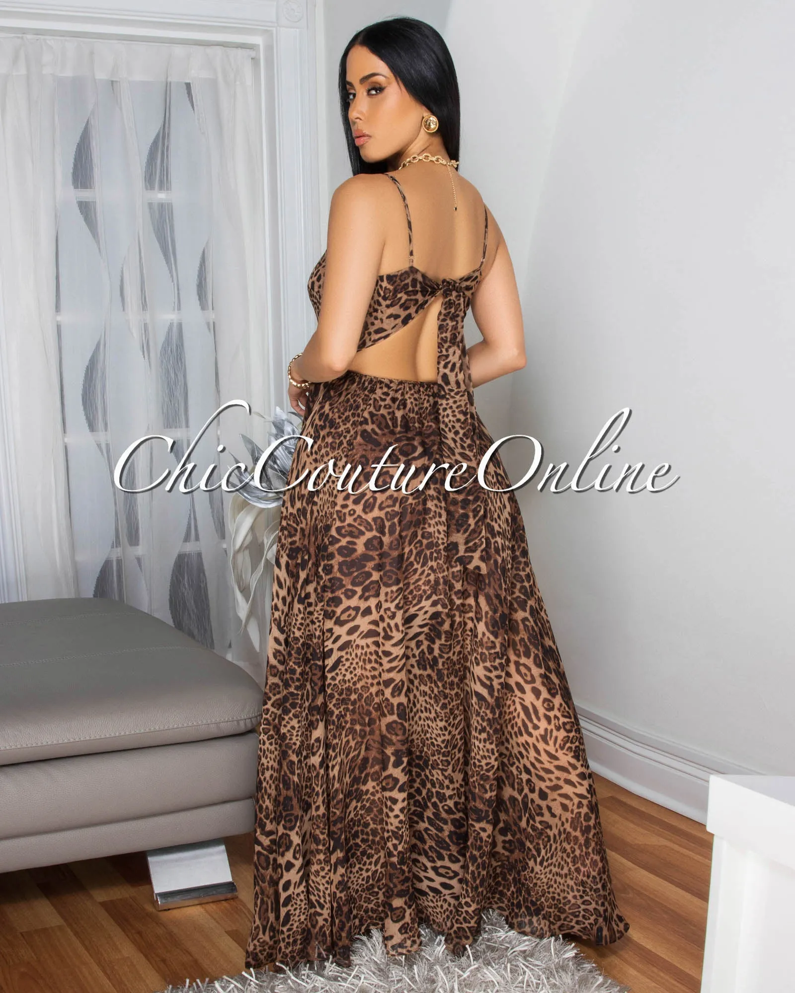Tierra Leopard Print Tie Cut-Out Back Maxi Dress sold by Chic Couture