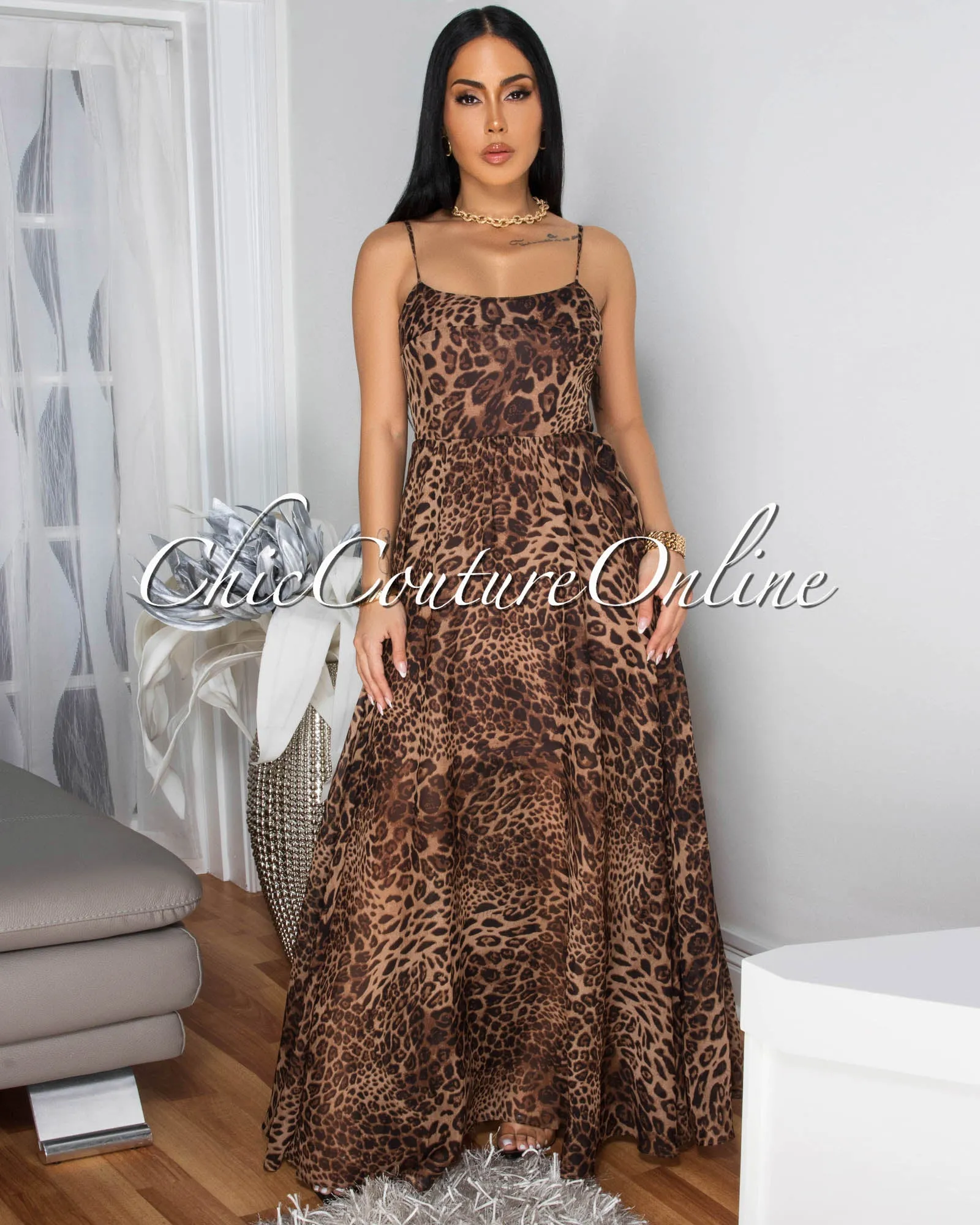 Tierra Leopard Print Tie Cut-Out Back Maxi Dress sold by Chic Couture product image thumbnail 2