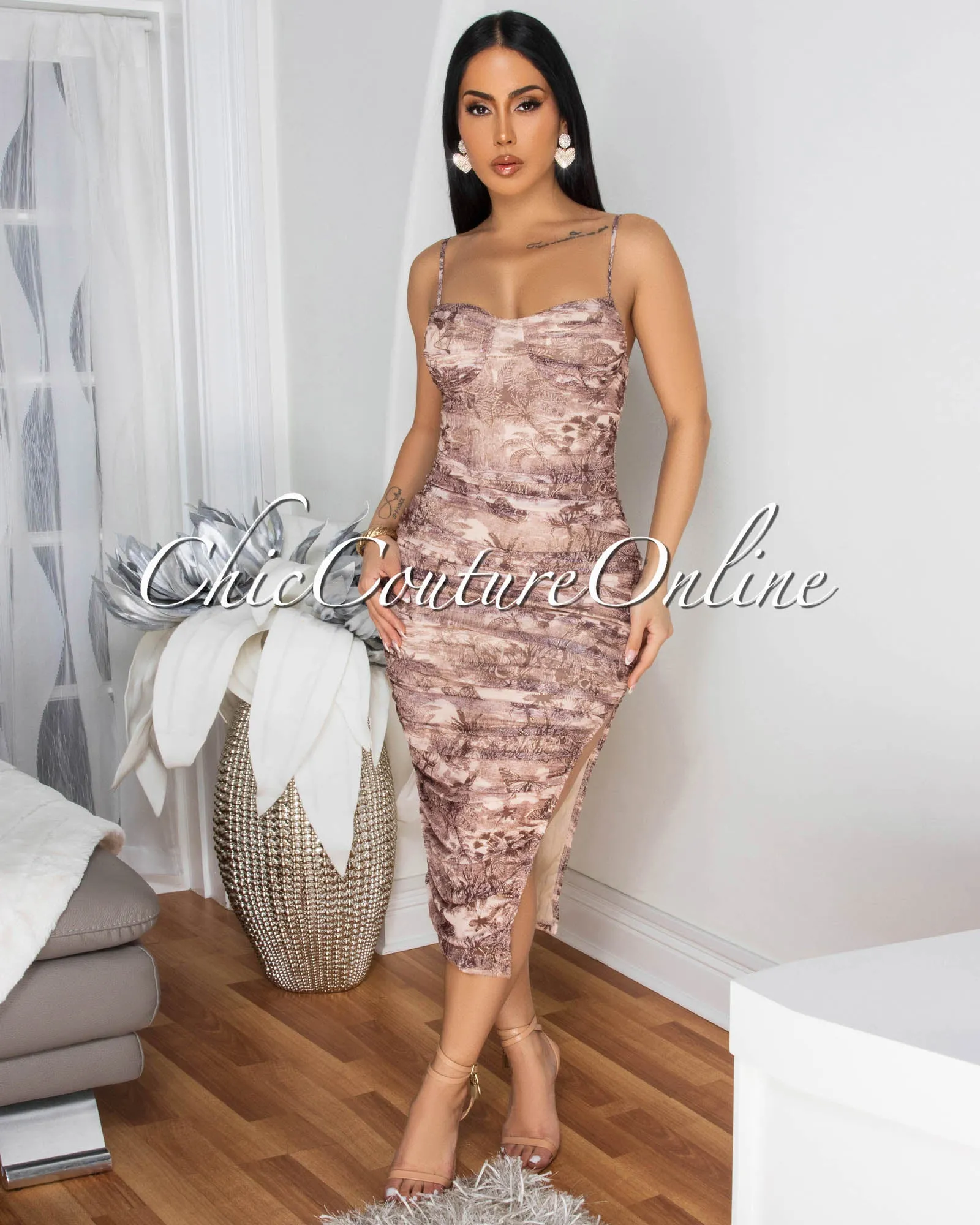 Mallea Blush Gold Print Multi-Color Ruched Midi Dress sold by Chic Couture product image thumbnail 2