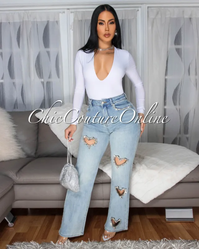 Bestla Stone Wash Denim Rhinestones Heart Key-Hole Jeans sold by Chic Couture