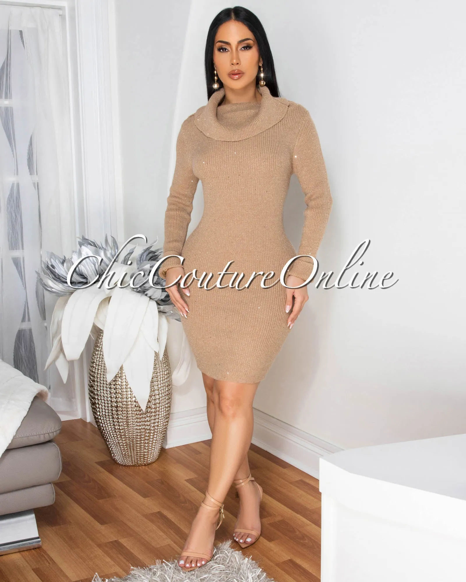 *Marselle Mocha Gold Shimmer Knit Sweater Dress sold by Chic Couture product image thumbnail 3