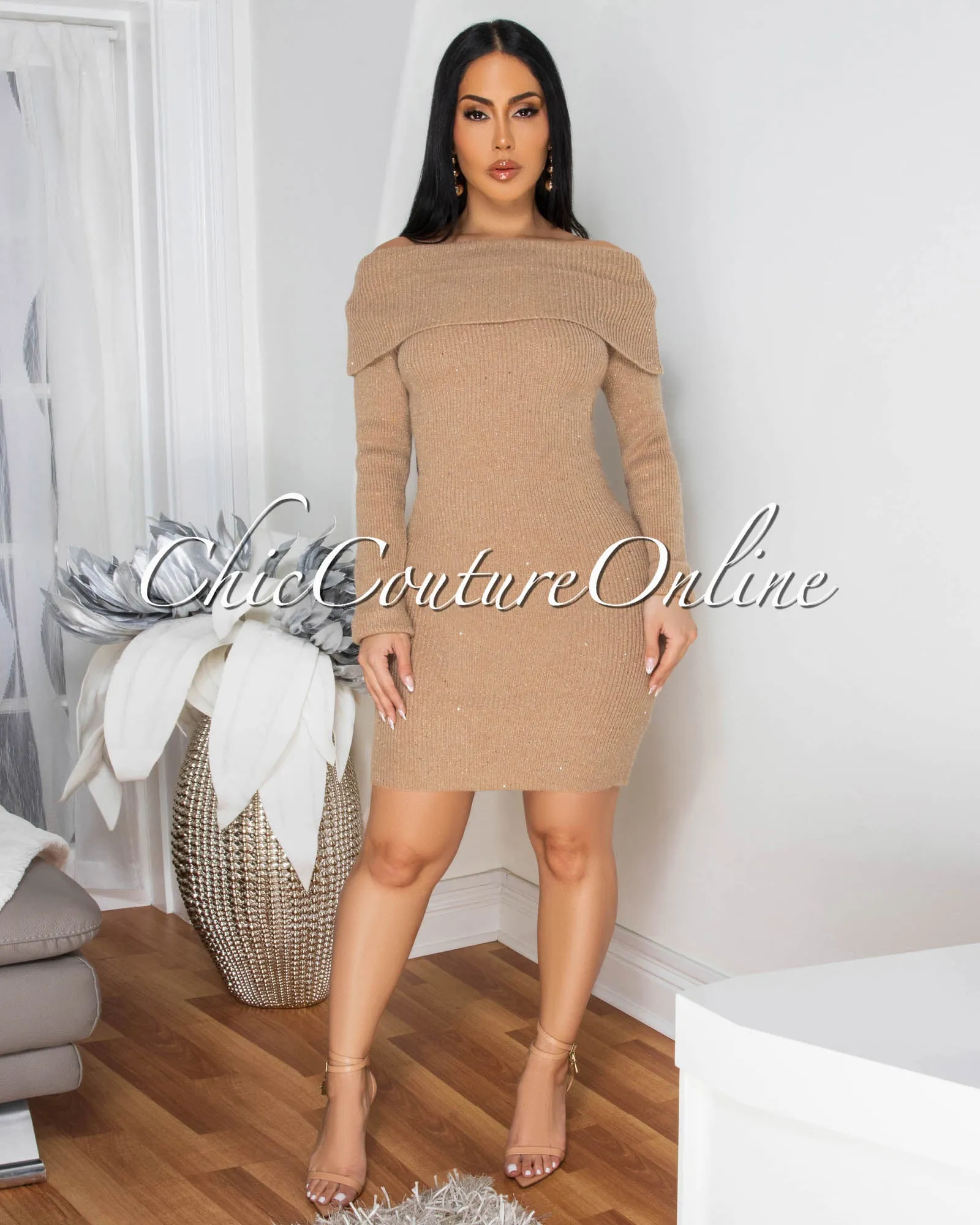 *Marselle Mocha Gold Shimmer Knit Sweater Dress sold by Chic Couture product image thumbnail 2