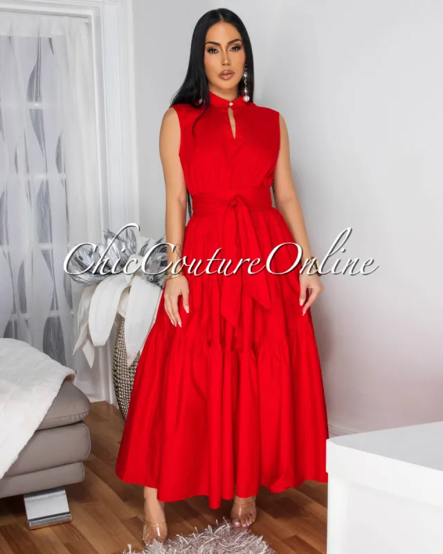 Rosanny Red Sleeveless Midi Dress sold by Chic Couture