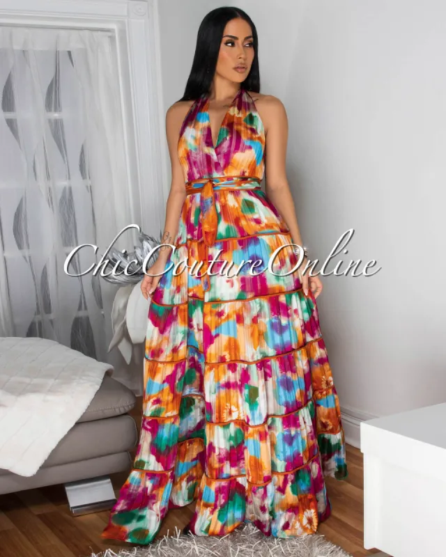 Kerisia Orange Multi-Color Halter Maxi Dress sold by Chic Couture