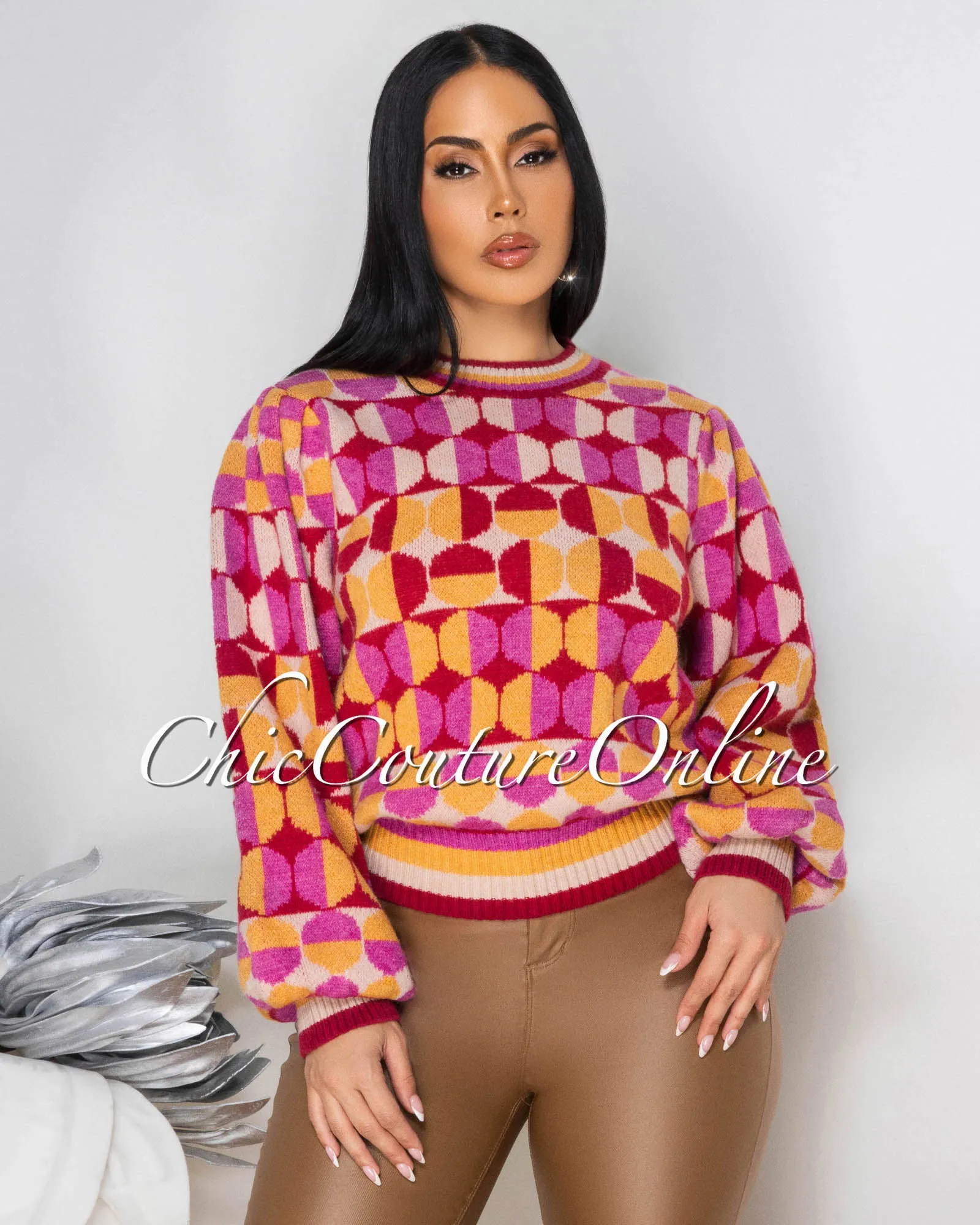 Jania Pink Yellow Jacquard Knit Sweater sold by Chic Couture