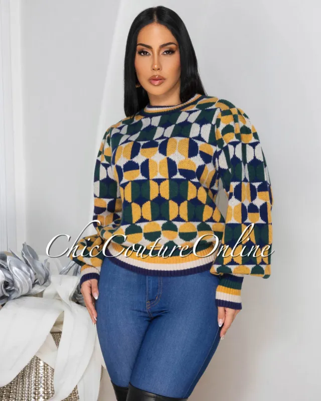 Jania Navy-Blue Yellow Jacquard Knit Sweater sold by Chic Couture