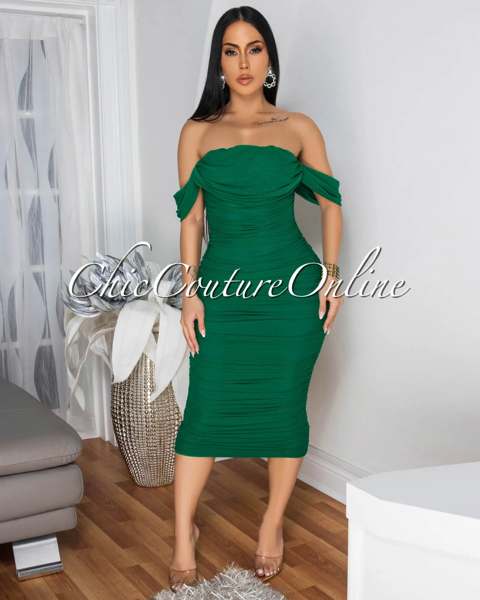 Becca Green Mesh Overlay Ruched Off-The Shoulder Dress sold by Chic Couture