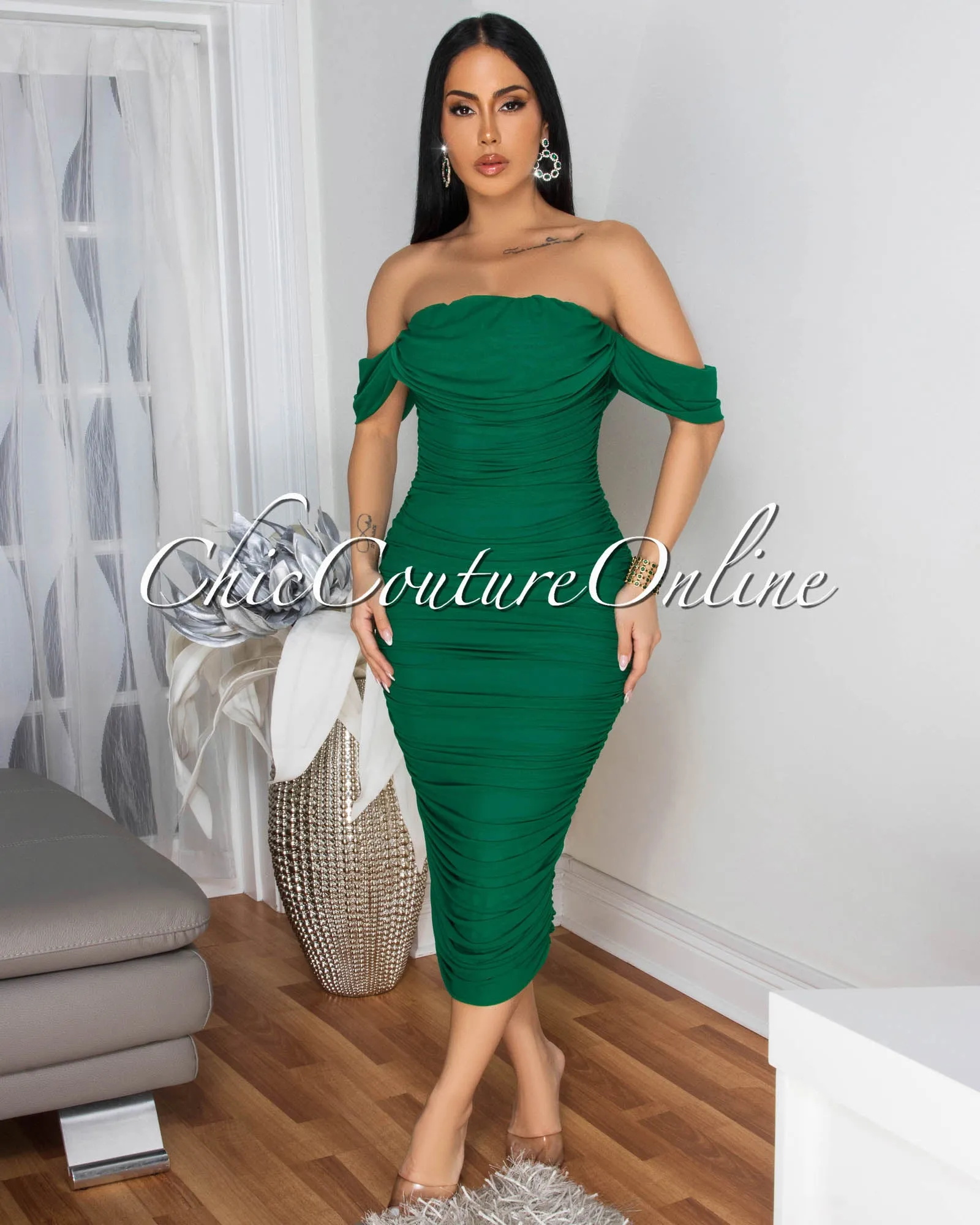 Becca Green Mesh Overlay Ruched Off-The Shoulder Dress sold by Chic Couture product image thumbnail 2
