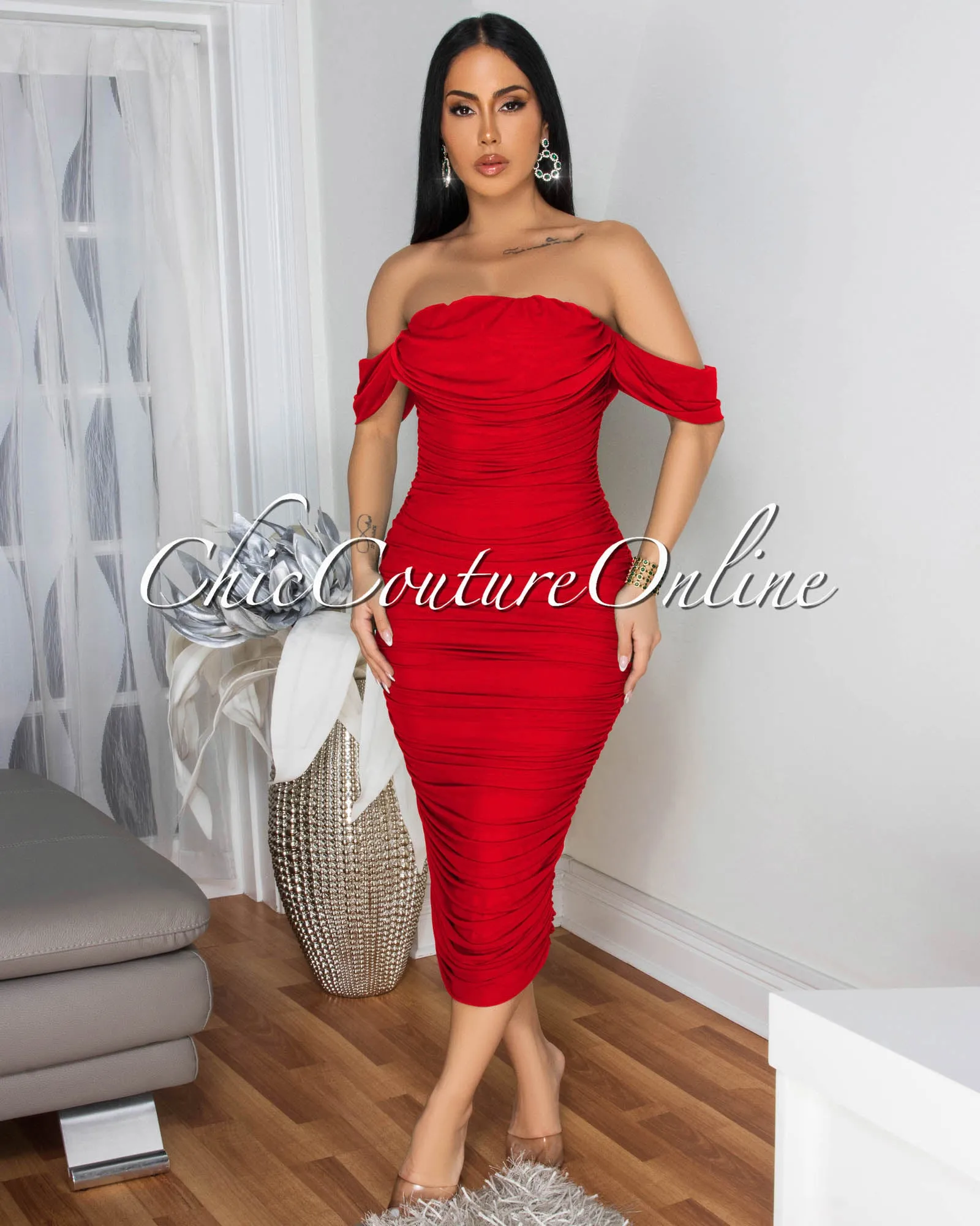 Becca Red Mesh Overlay Ruched Off-The Shoulder Midi Dress sold by Chic Couture