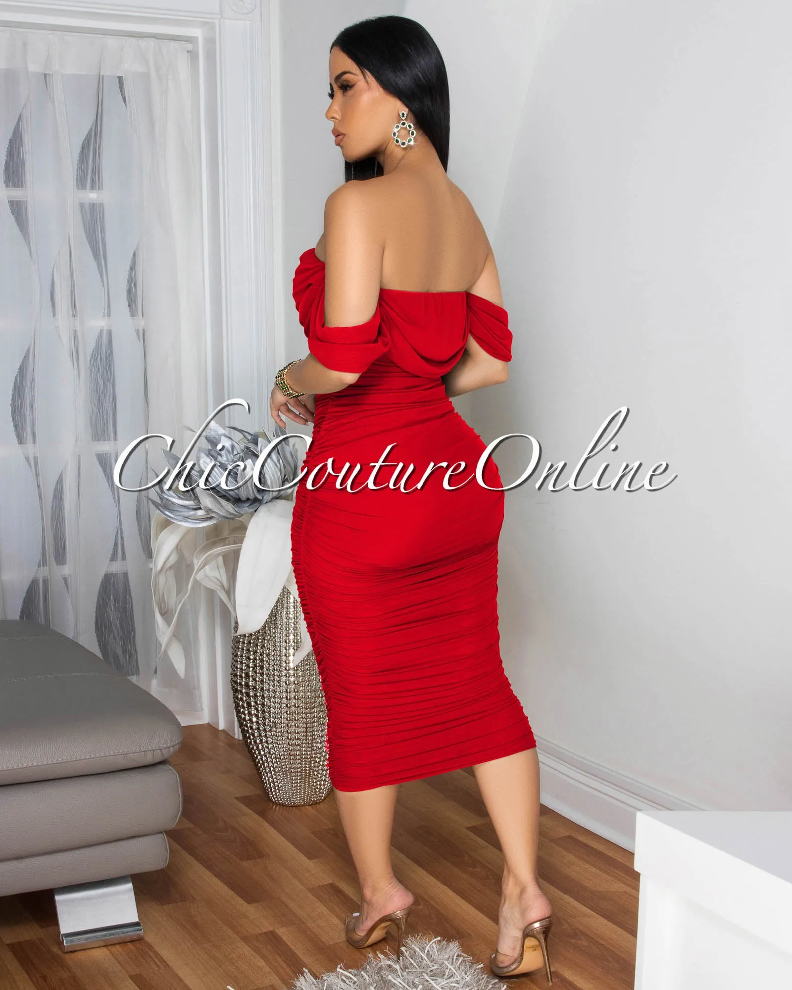 Becca Red Mesh Overlay Ruched Off-The Shoulder Midi Dress sold by Chic Couture product image thumbnail 3