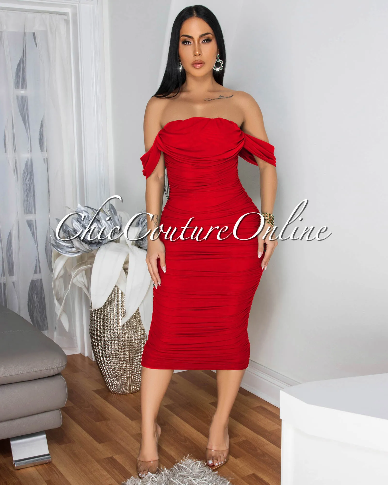 Becca Red Mesh Overlay Ruched Off-The Shoulder Midi Dress sold by Chic Couture product image thumbnail 2
