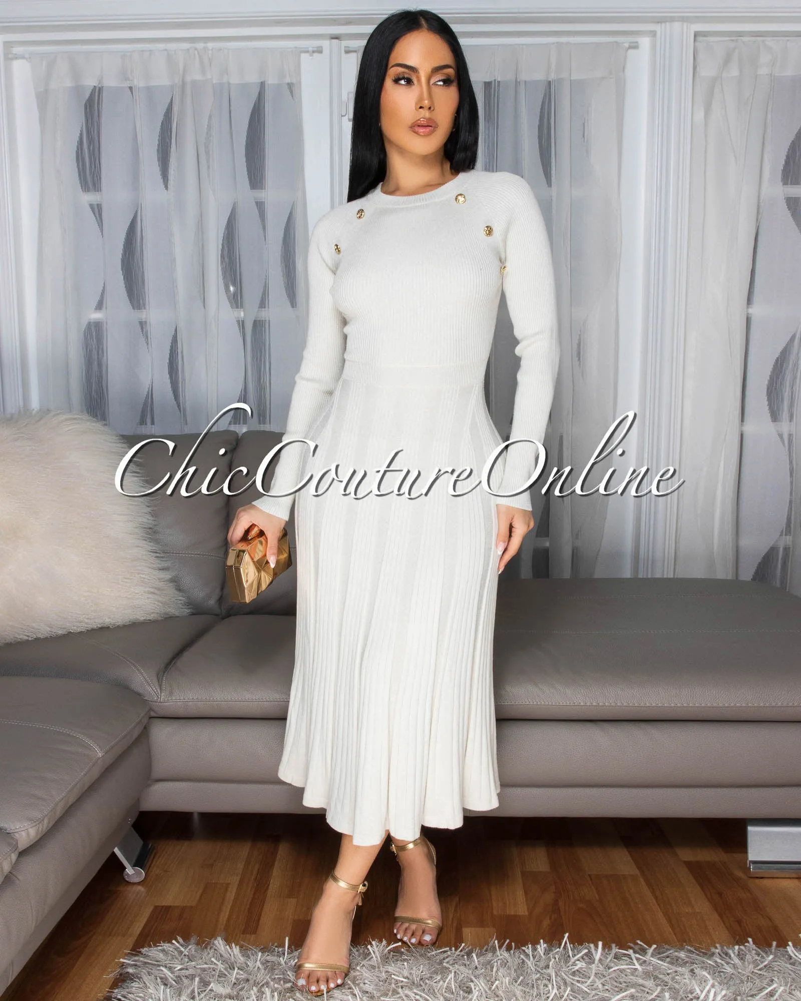 Nicia Ivory Gold Buttons Knit Midi Dress sold by Chic Couture product image thumbnail 2