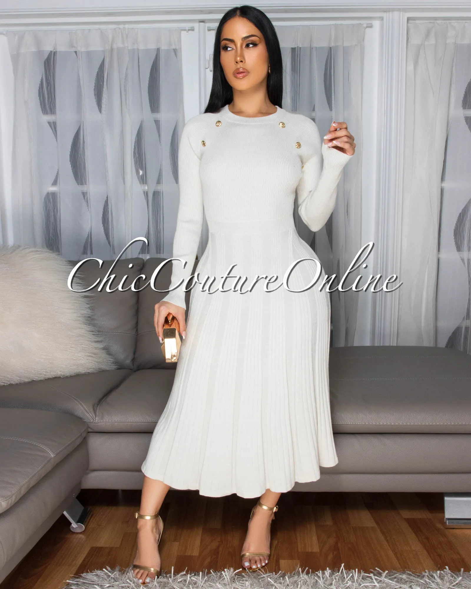 Nicia Ivory Gold Buttons Knit Midi Dress sold by Chic Couture
