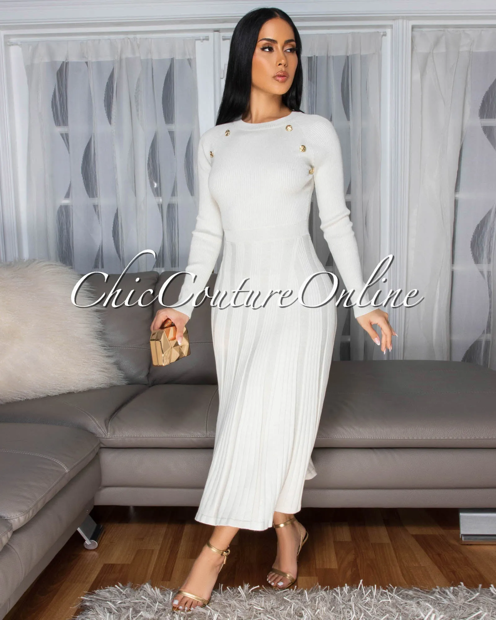 Nicia Ivory Gold Buttons Knit Midi Dress sold by Chic Couture product image thumbnail 3