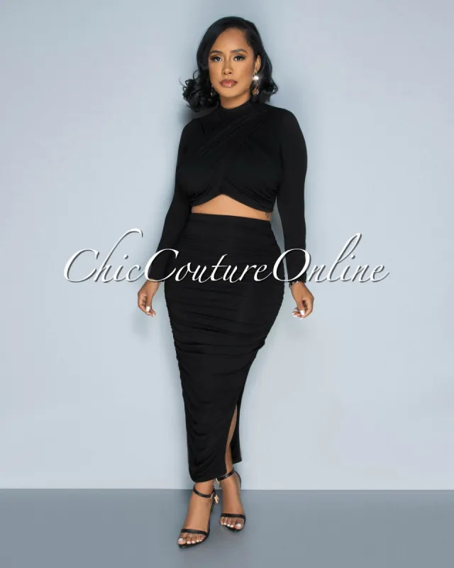 Morah Black Draped Crop Top & Draped Maxi Skirt Set sold by Chic Couture
