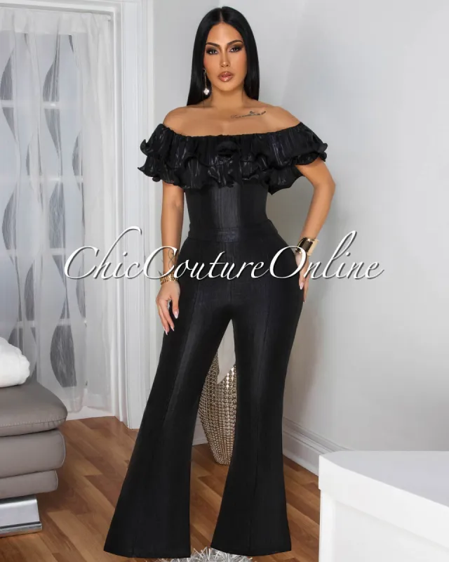 Quasia Black High-Shine Off-The-Shoulder Jumpsuit sold by Chic Couture
