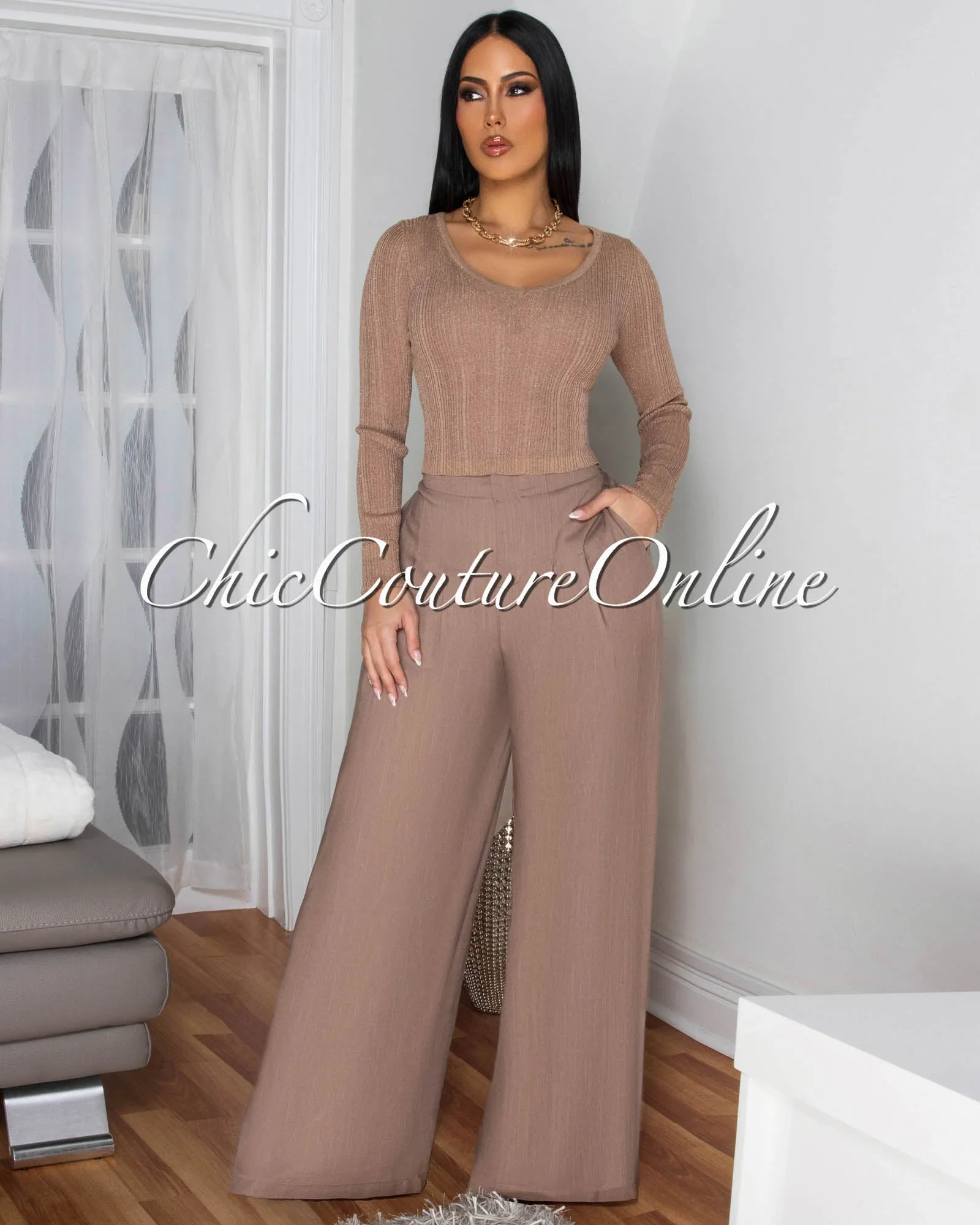 Shika Nude Shimmer Top & Linen Pants Set sold by Chic Couture