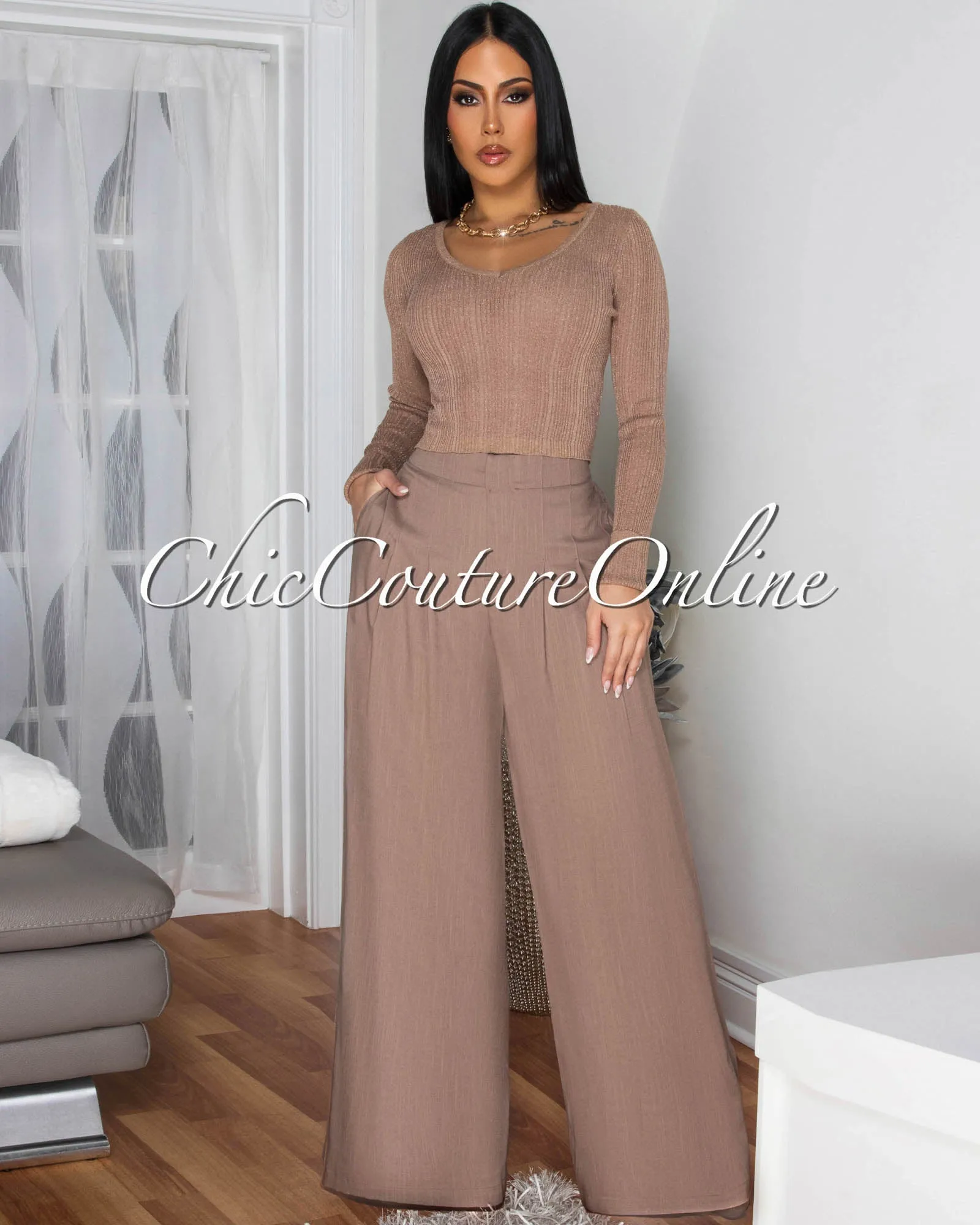 Shika Nude Shimmer Top & Linen Pants Set sold by Chic Couture product image thumbnail 2