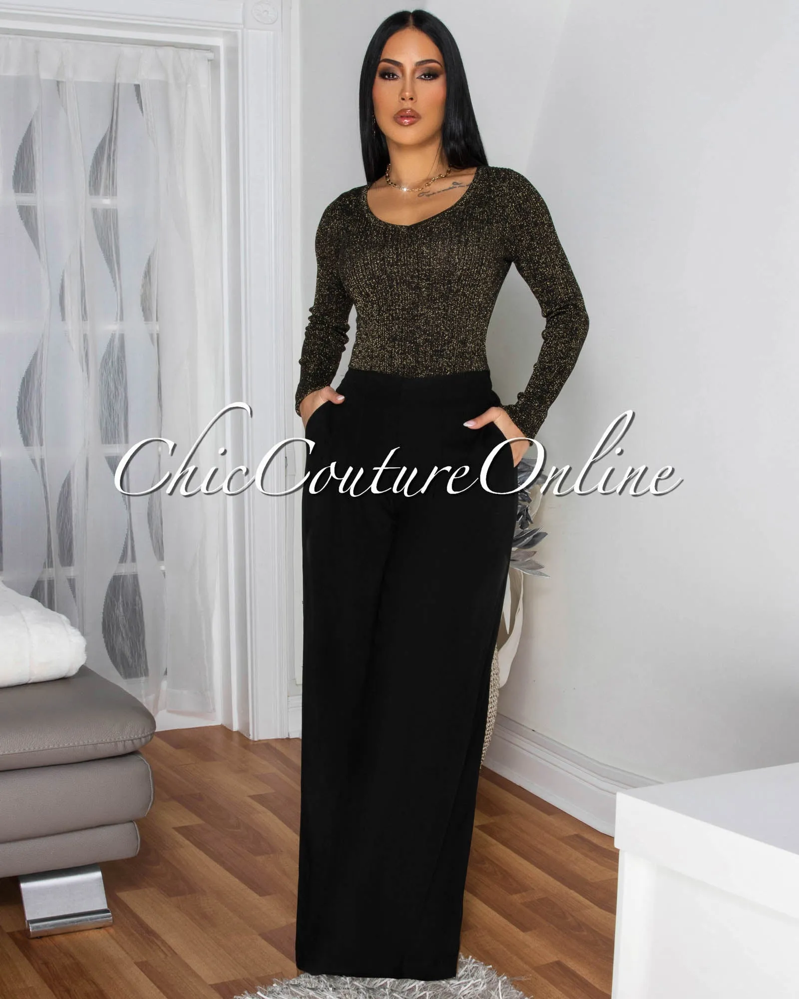 Shika Black Shimmer Top & Linen Pants Set - PRE-ORDER sold by Chic Couture product image thumbnail 2