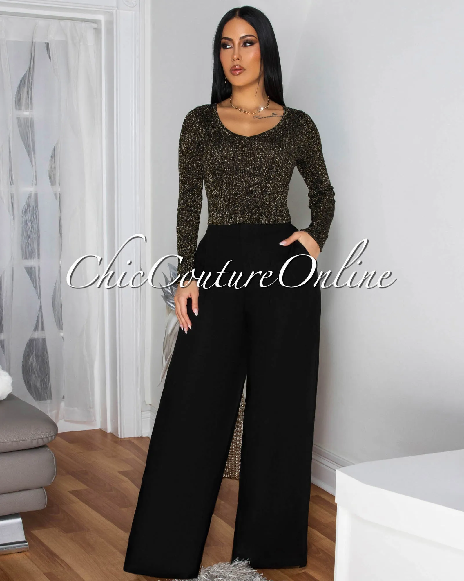 Shika Black Shimmer Top & Linen Pants Set - PRE-ORDER sold by Chic Couture
