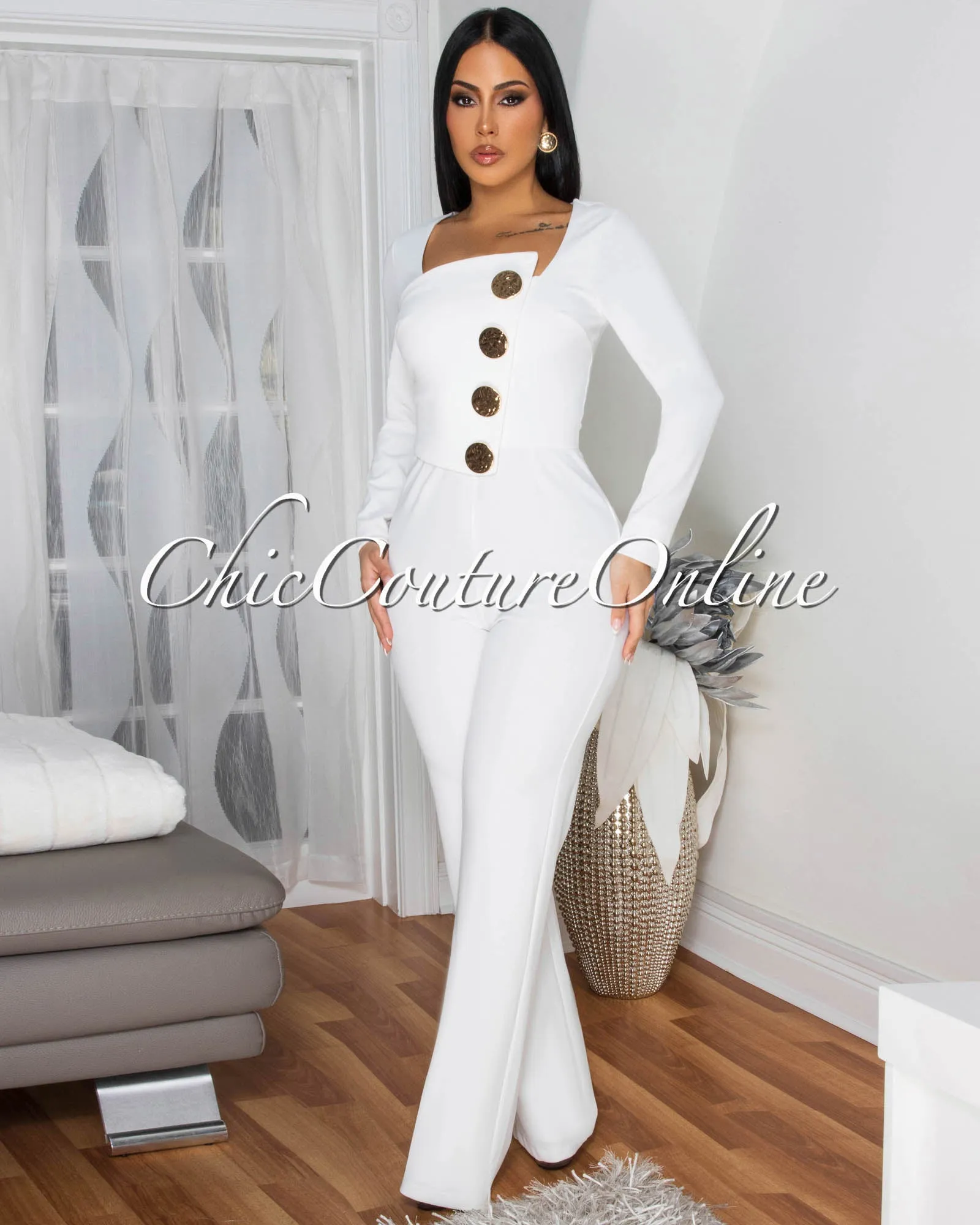 Ednella Off-White Gold Accent Button Long Sleeves Jumpsuit sold by Chic Couture product image thumbnail 2