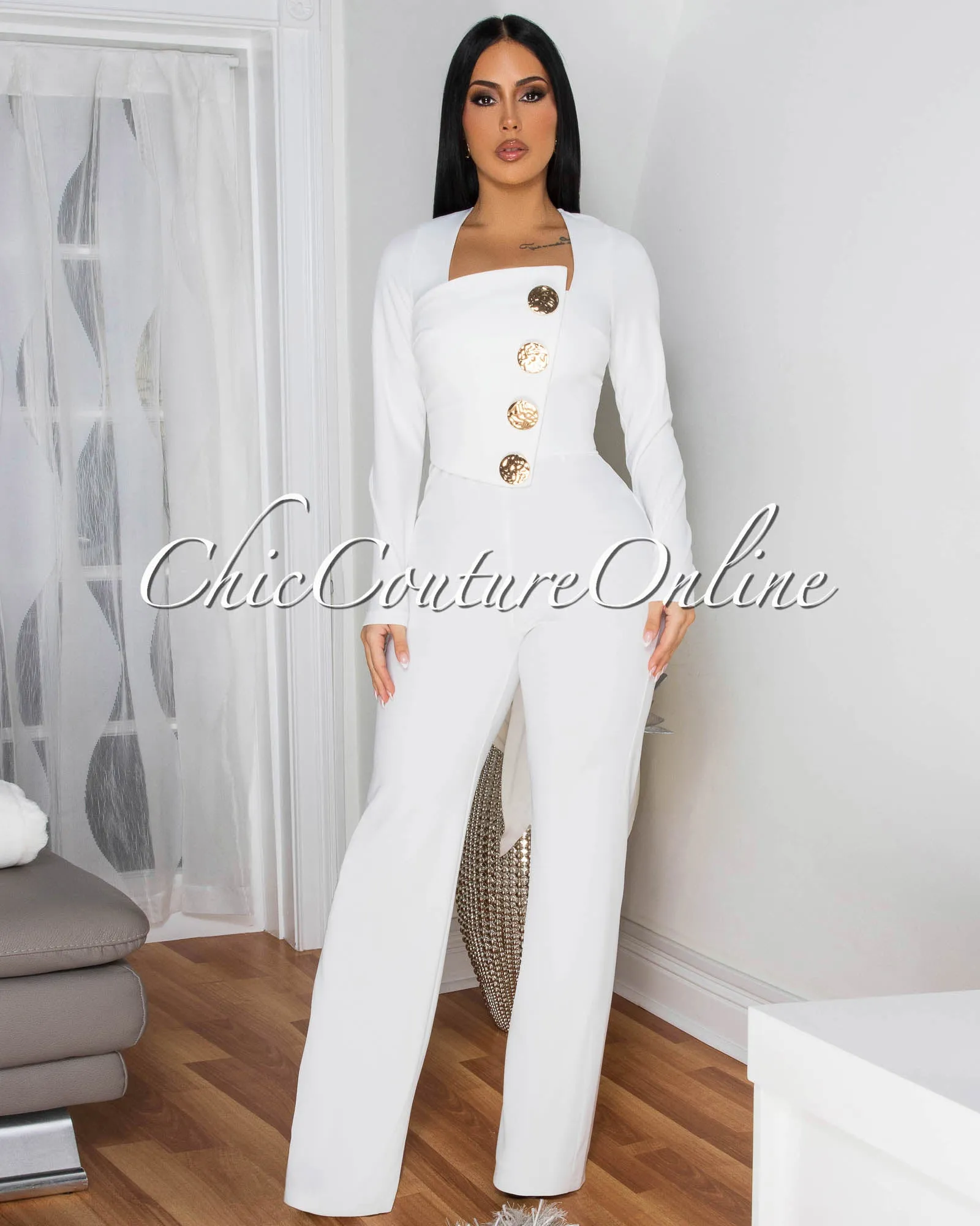 Ednella Off-White Gold Accent Button Long Sleeves Jumpsuit sold by Chic Couture