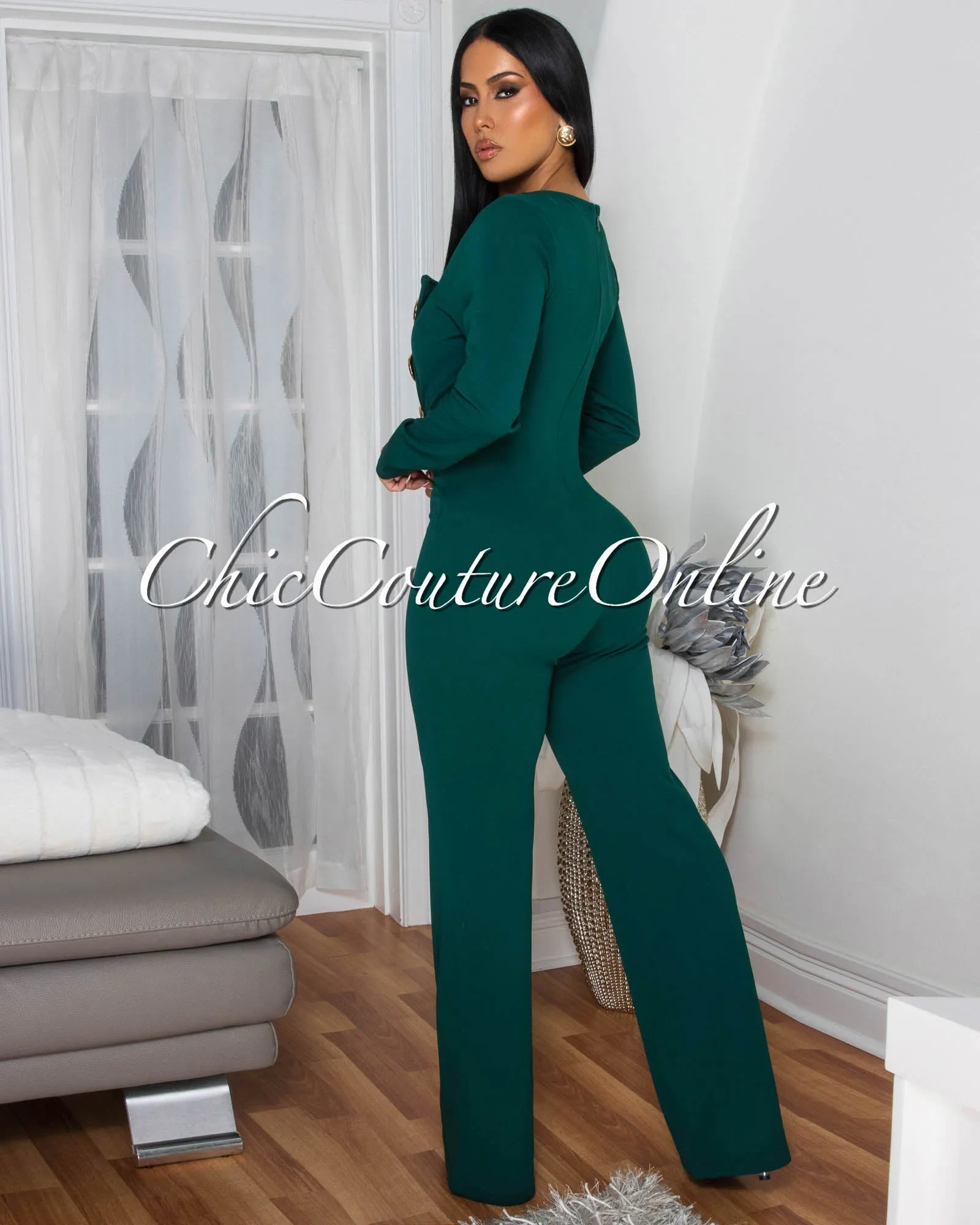 Ednella Hunter Green Gold Accent Button Long Sleeves Jumpsuit sold by Chic Couture product image thumbnail 3