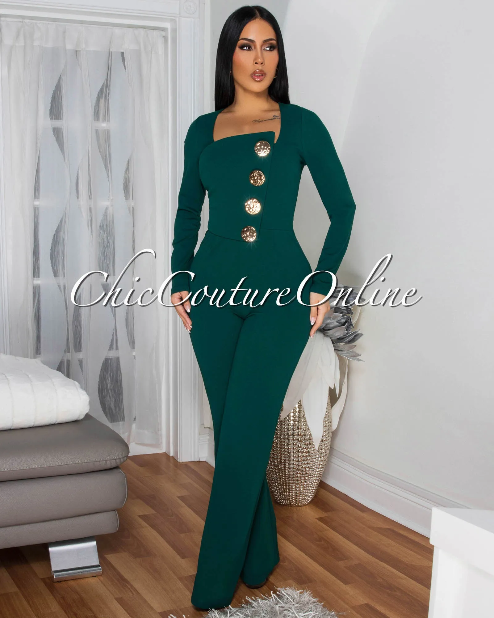 Ednella Hunter Green Gold Accent Button Long Sleeves Jumpsuit sold by Chic Couture product image thumbnail 2
