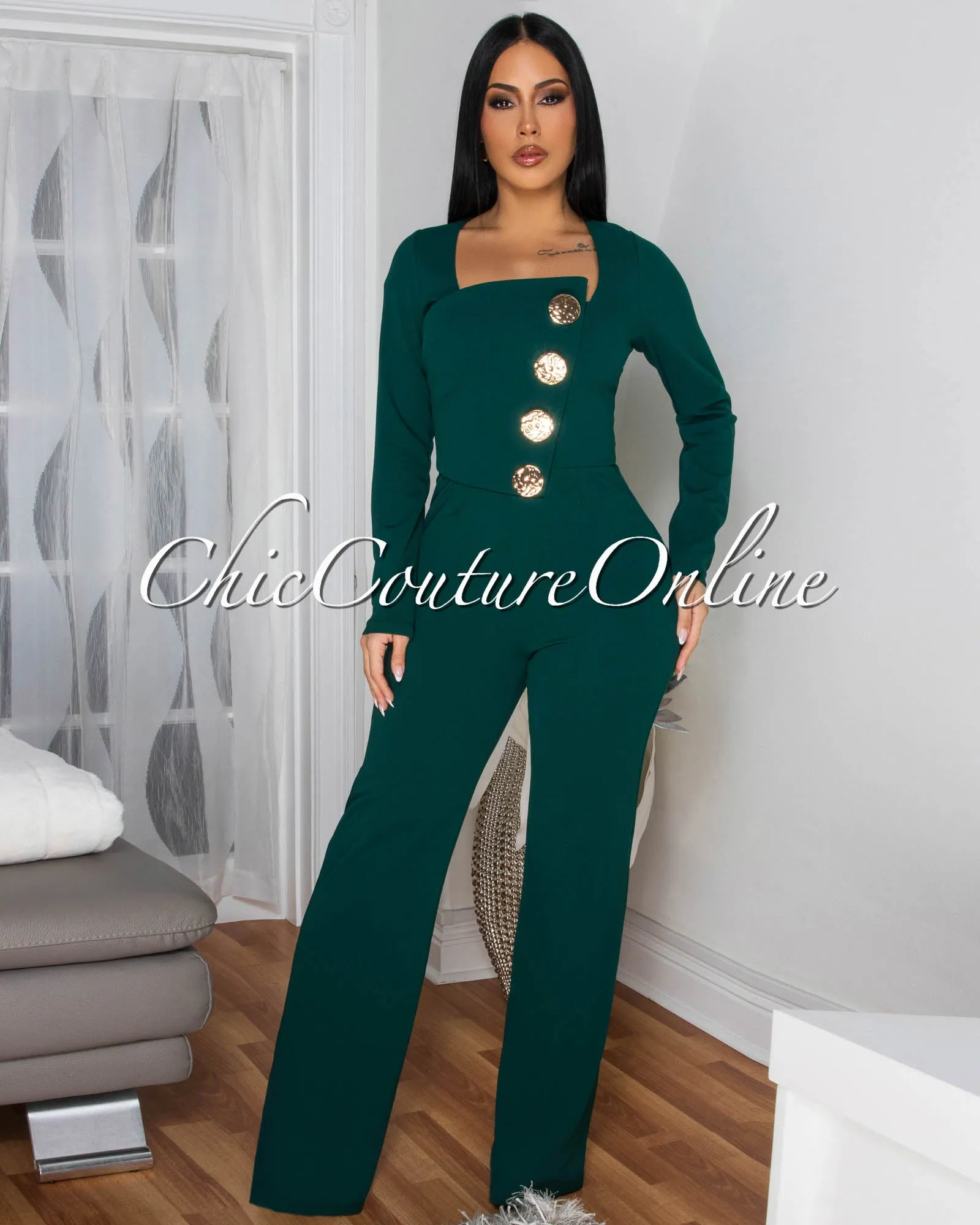 Ednella Hunter Green Gold Accent Button Long Sleeves Jumpsuit sold by Chic Couture