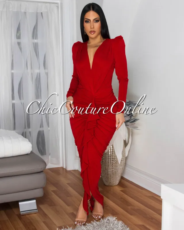 Lona Red Shimmer Ruffle Accent Maxi Dress sold by Chic Couture