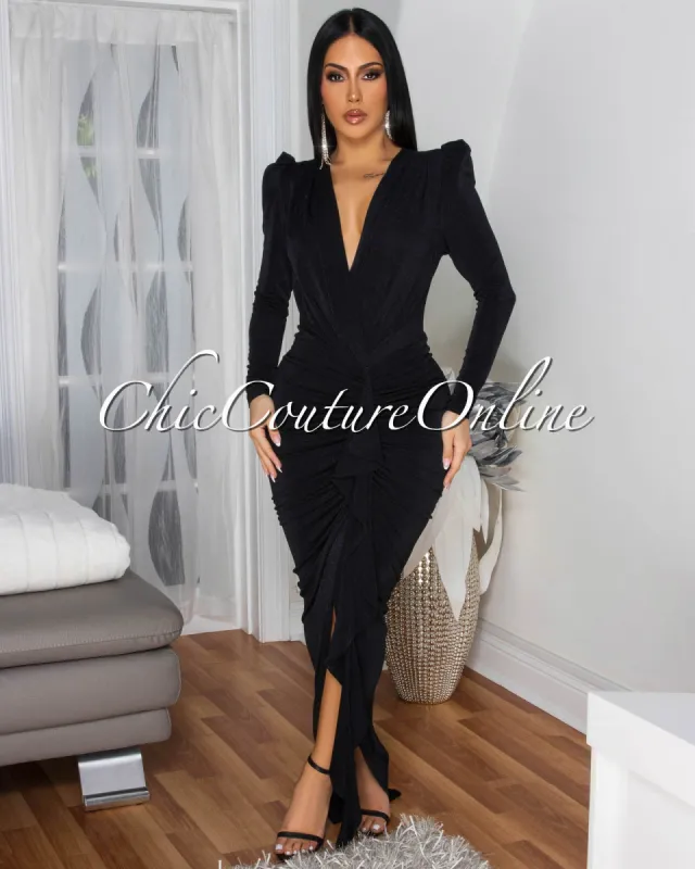 Lona Black Shimmer Ruffle Accent Maxi Dress sold by Chic Couture