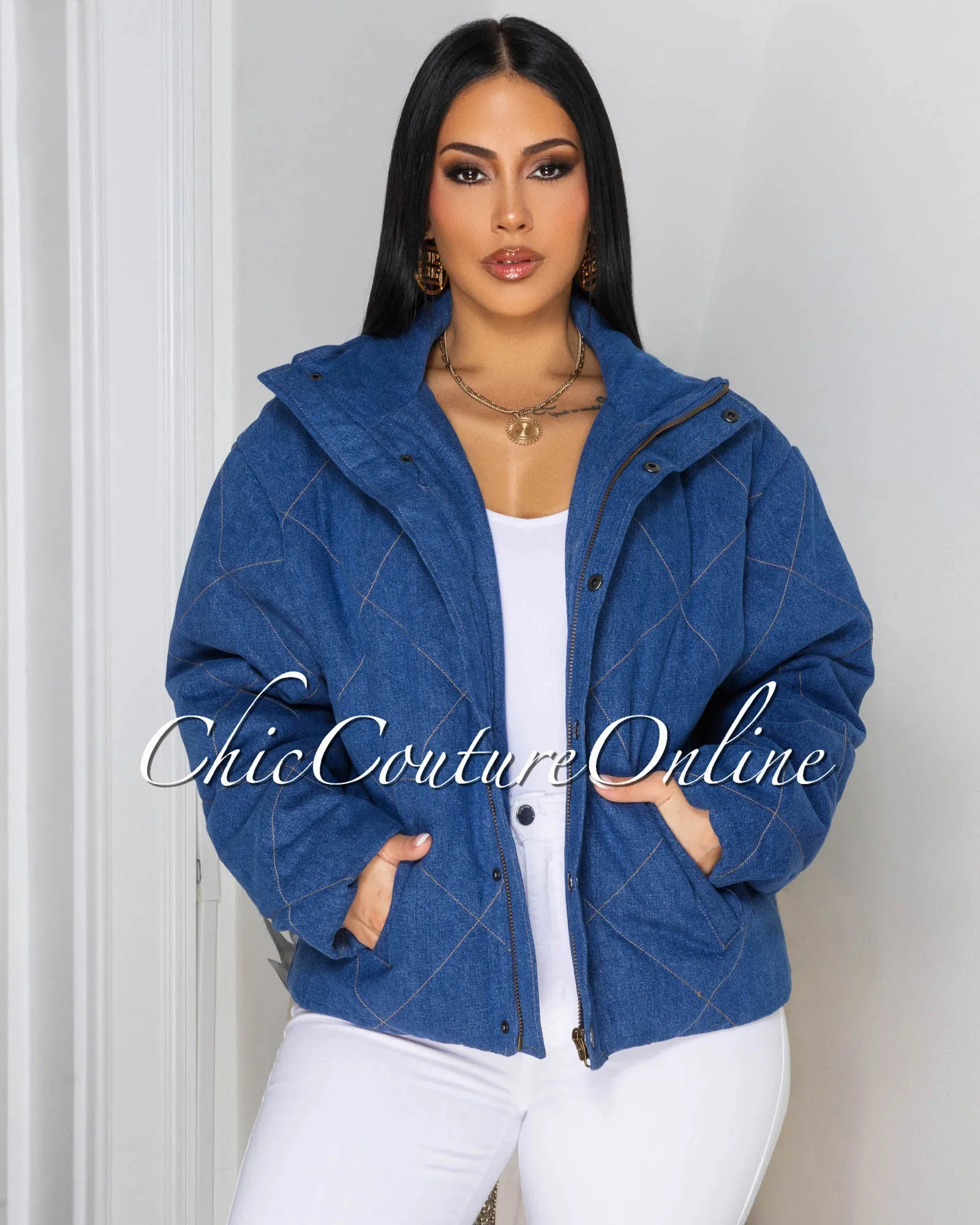 Herby Medium Denim Puffy Jacket sold by Chic Couture