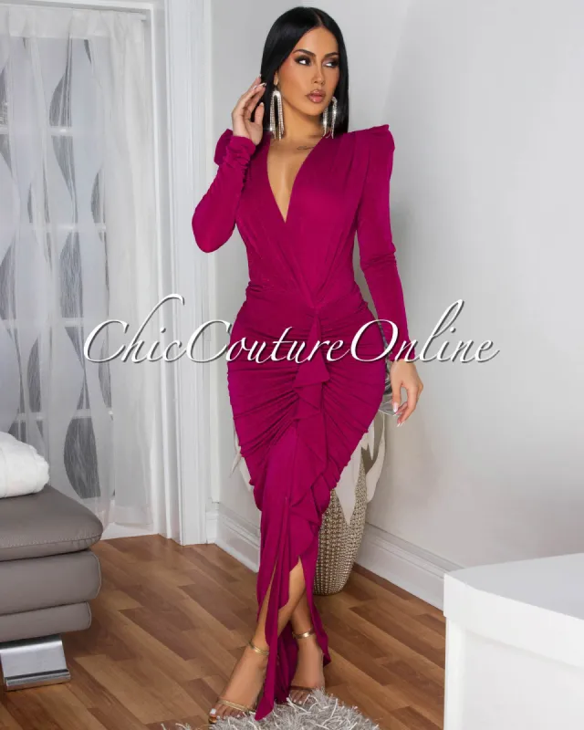 Lona Magenta Shimmer Ruffle Accent Maxi Dress sold by Chic Couture